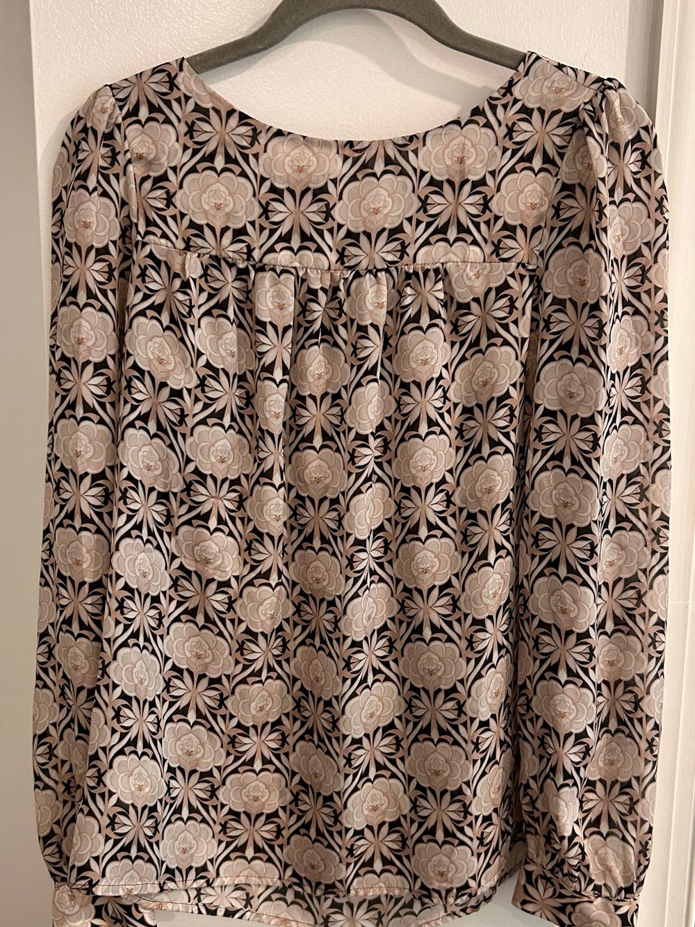LOFT Beige and Black Floral Long-Sleeve Blouse